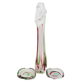(3 Pc) 1960s Max Verboeket For Kristalunie Maastricht Art Glass Vase & Ashtrays Set