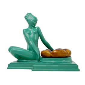 Art Deco Nuart Metal & Glass Figural Ashtray