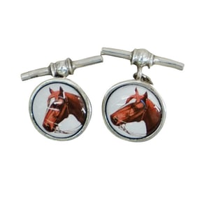 (2 Pc) Sterling Silver 'Equestrian' Enamel Cufflinks Set