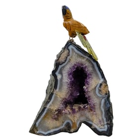 Semi Precious Stone Bird Figure on Amethyst Quartz Geode