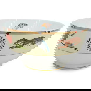 Lynn Chase "Exotica" Porcelain & Gilt Decorated Bowl: DESCRIPTION: Lynn Chase "Exotica" porcelain and gilt decorated bowl. Features an array of animal and nature motifs with an array of jaguars, floral motifs, and sea shells. Marked on the underside. CIR