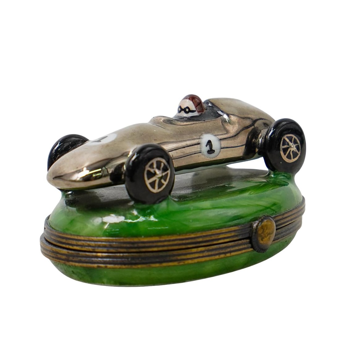 Limoges Porcelain 'Racing Car" Trinket Box: DESCRIPTION: Limoges porcelain trinket box. Features a numbered one racing car. Hand painted racing flag on interior. Marked along the underside 'Peint Main Limoges France GR'. CIRCA: 20th Century ORI