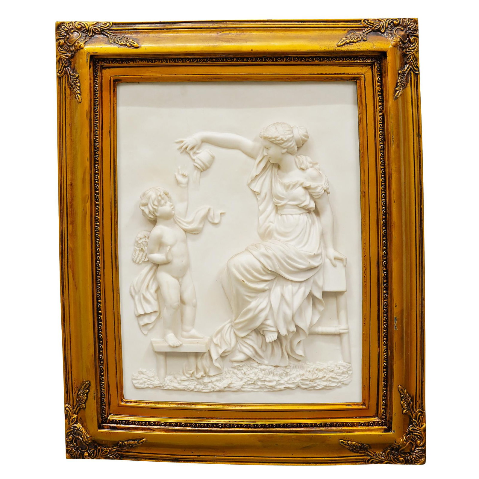 Neo-classical Composite Relief: DESCRIPTION: Neoclassical composite relief depicting an allegorical scene mounted within a gold painted frame. CIRCA: 20th Cent. ORIGIN: Italy DIMENSIONS: H: 21" x L: 17" CONDITION: Great overall cond