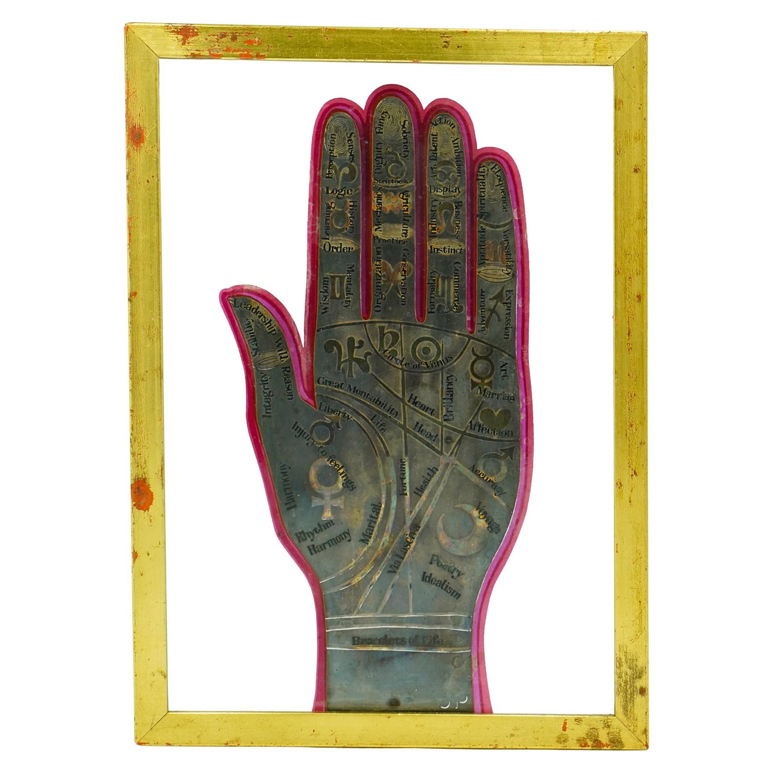Palmistry Glass Panel Artwork: DESCRIPTION: Glass panel art of a palmistry guide. Silver overlay with layered pink paint trim and gilt sheen added to astrological symbols throughout. Gilt metal simple frame. Marked with a stylized 