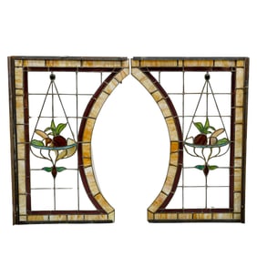 (2 Pc) Antique Leaded Stained Glass Window Panels