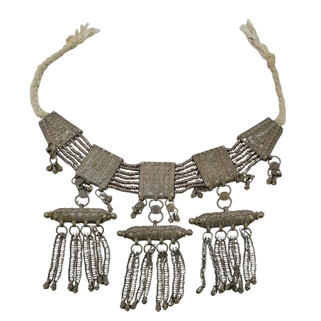 Antique Bedouin Yemenite Silver Bridal Lazim Kirdan Necklace: DESCRIPTION: Antique Bedouin Yemenite silver bridal Lazim Kirdan necklace. This is a multistrand necklace, designed with Islamic filigree, and stacking layering. CIRCA: 1900s ORIGIN: Middle East DIMEN