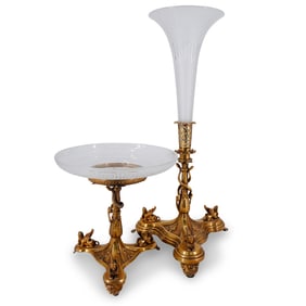 (2 Pc) Antique French Egyptian Revival Gilt Bronze & Etched Glass Set