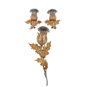 (3 Pc) Mario Buccellati 18k Gold Thistle Flower Earrings and Brooch
