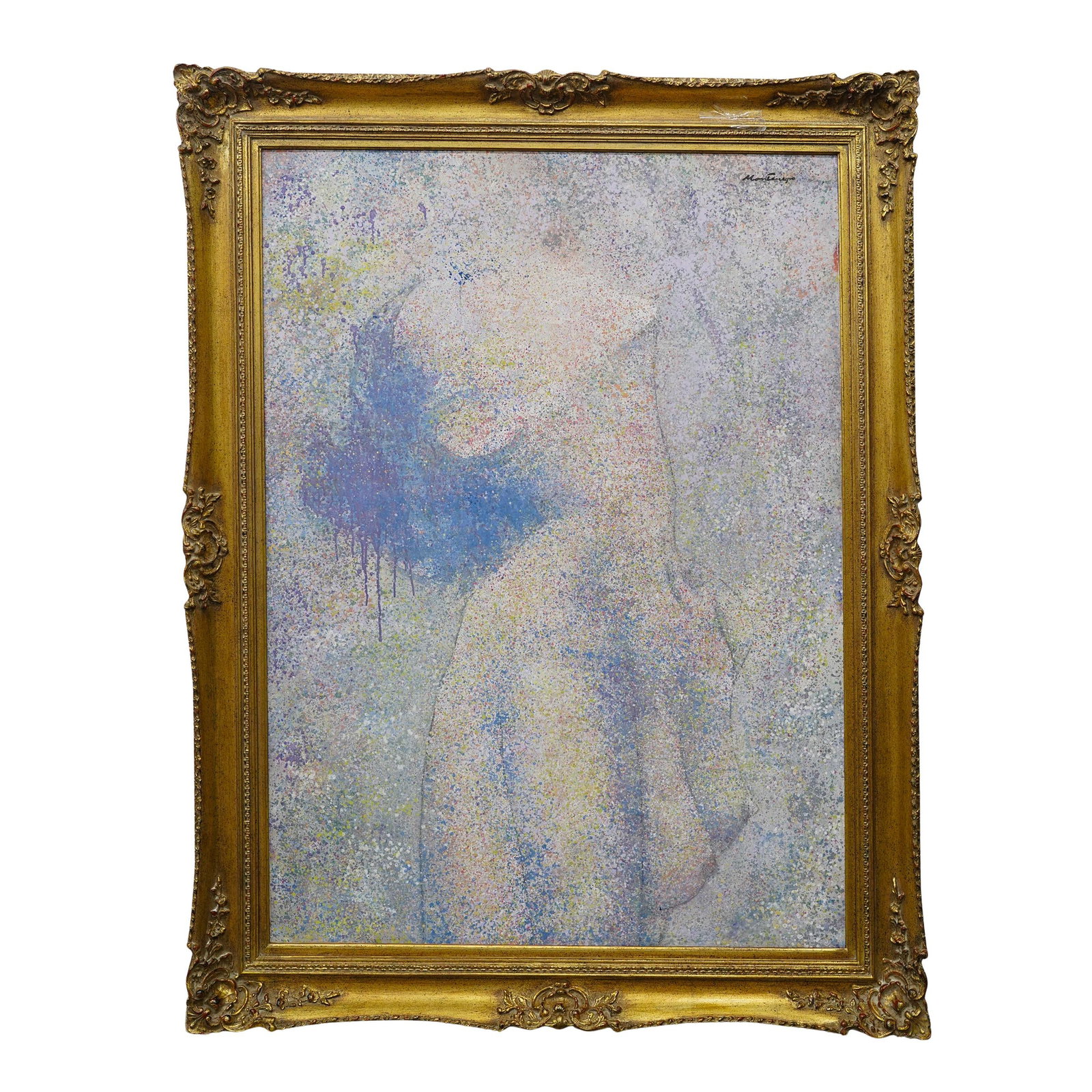 Roberto Montenegro (Mexican, 1885-1968) Large 'Nude Women' Oil on Canvas Painting: DESCRIPTION: Roberto Montenegro (Mexican, 1885-1968) A large oil on canvas painting depicting the portrait of a nude women in an upward gazing pose. Signed upper right: Montenegro' mounted in ornate g