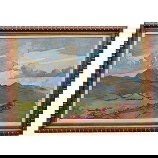Ricardo Martínez (Mexican, 1918-2009) Oil on Canvas Landscape Painting: DESCRIPTION: Ricardo Martínez Oil on canvas painting executed in (1970) featuring the image of a rolling hill and mountainous landscape with blue sky and clouds above, completed with distant village