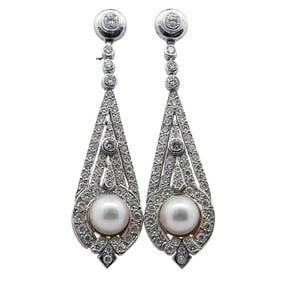 Art Deco 18k White Gold Diamond and Pearl Earrings