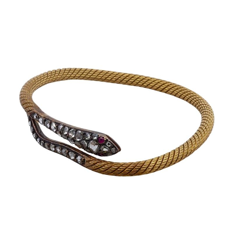 Antique 18k Gold Diamond and Ruby Snake Bracelet (1 of 4)