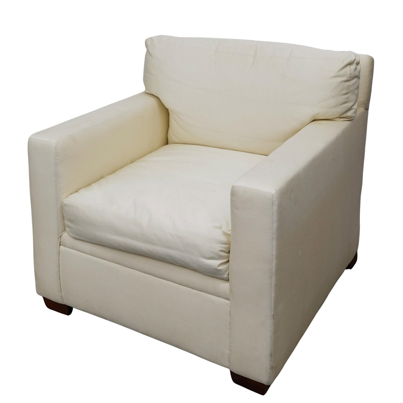 Ralph Lauren Graham Lounge Chair: DESCRIPTION: Ralph Lauren Graham lounge chair, featuring a boxy, modern silhouette with clean straight lines and squared off arms. Upholstered in a soft off white fabric. Ralph Lauren label attached u