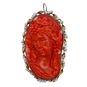 14k Gold Coral and Pearl Cameo Brooch/Pendant