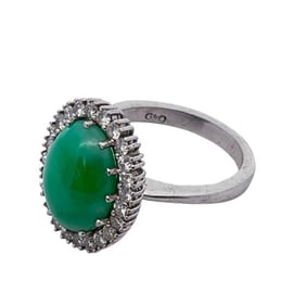 Signed 18k White Gold Diamond and Jadeite Ring
