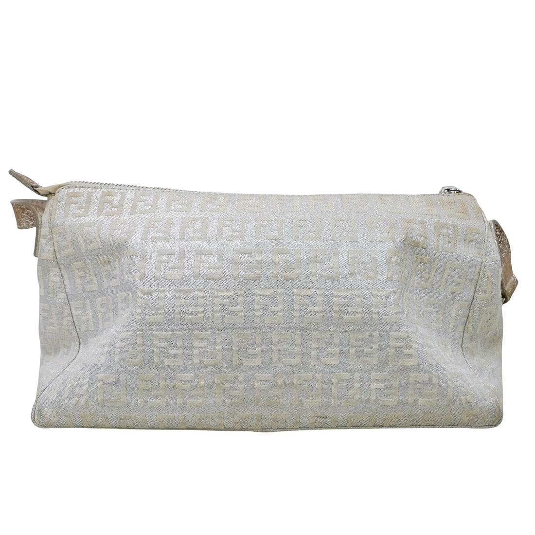 Fendi Silver Shoulder Bag: DESCRIPTION: Fendi logo pattern throughout silver glitter fabric construction. Glitter leather strap. Silver hardware. Marked "Fendi made in Italy" on silver plaque inside. CIRCA: 20th-21st century OR