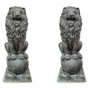 Pair Of Signed Bronze Lion Garden Sculptures