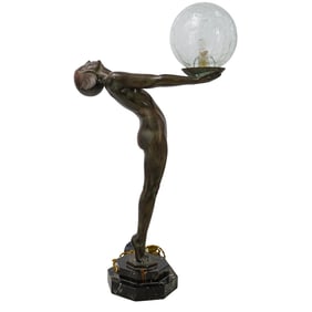 After Max LeVerrier (French, 1891-1973) Patinated Metal Nude Lamp