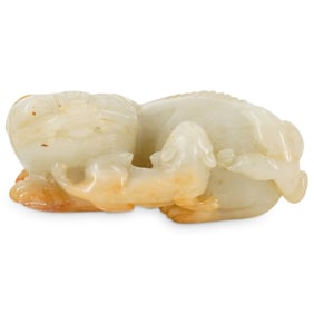 Antique Chinese Carved Jade Buddhist Lion And Cub