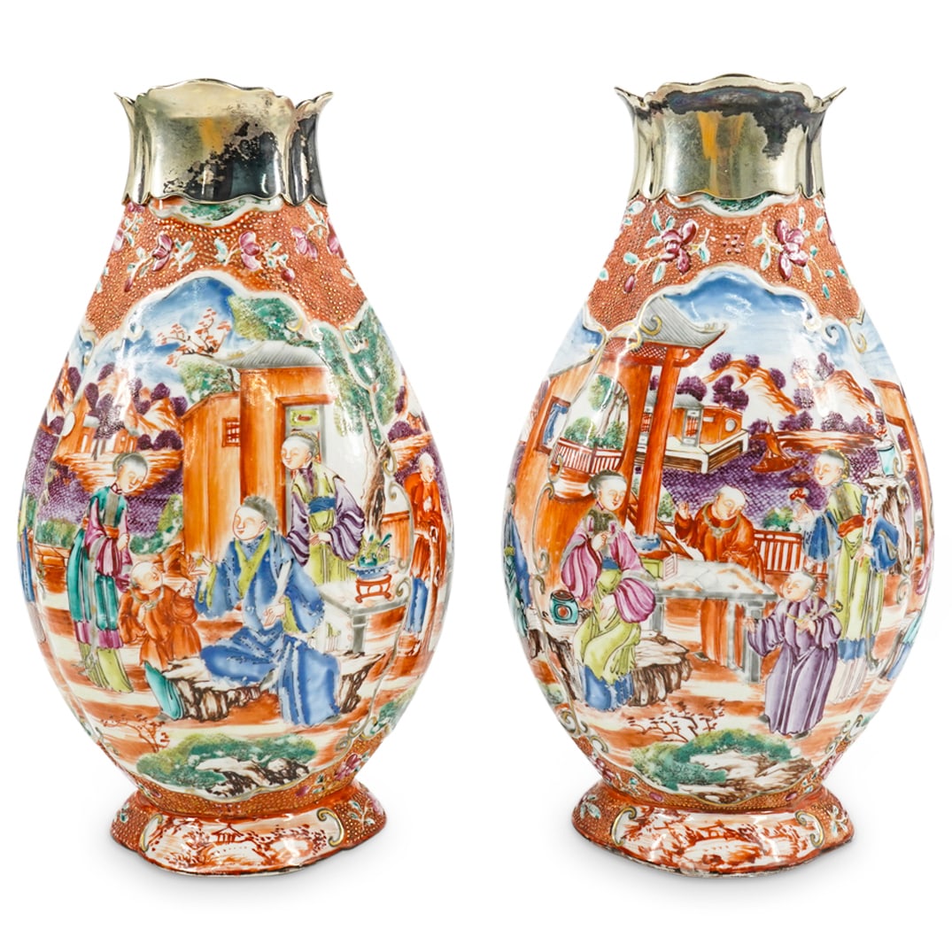 Pair Of 18th Century Chinese Export Silver Mounted Mandarin Vases (1 of 4)