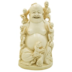 19th Cent. Carved Bone Buddha with Children