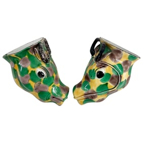 Pair Of Antique Chinese Sancai Ox Head Porcelain Libation Cups