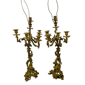 Pair Italian Gilt Bronze Putti Cherub Table Electrical Candelabras