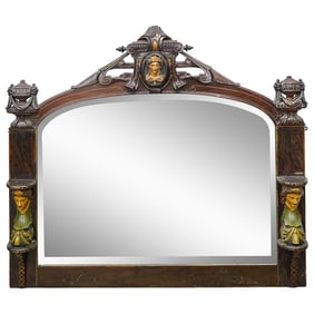 Antique Victorian Continental Carved Wooden Overmantle Mirror