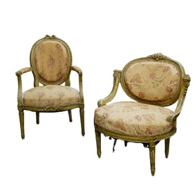 (2 Pc) Pair of Antique French Upholstered Armchairs