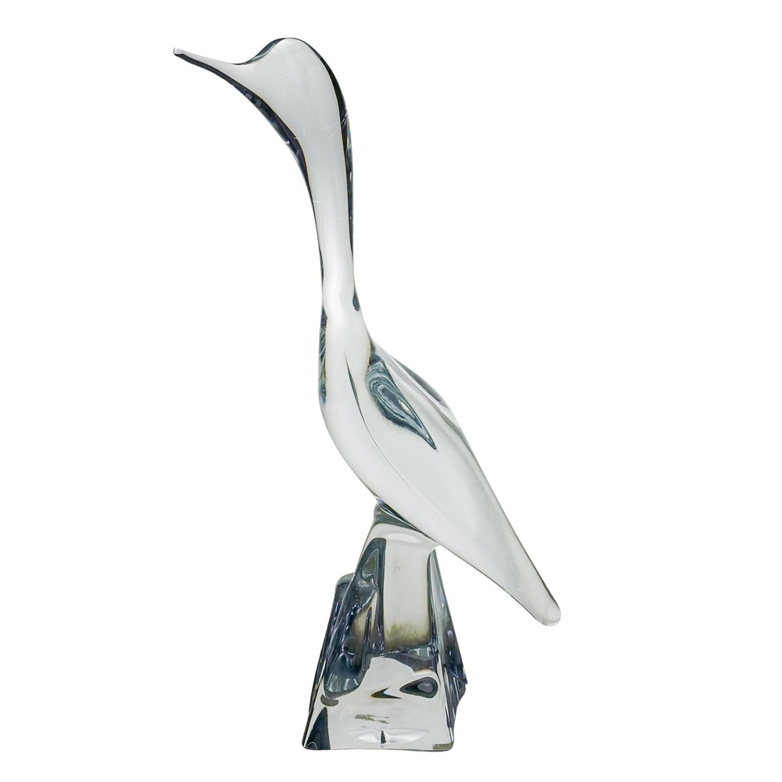 Daum France Art Glass Large Bird Sculpture: DESCRIPTION: Daum France art glass large bird sculpture. In clear glass, marked with incised signature "Daum France" CIRCA: 20th Century ORIGIN: France DIMENSIONS: H: 16 3/8" W: 8" CONDITION: Good Con