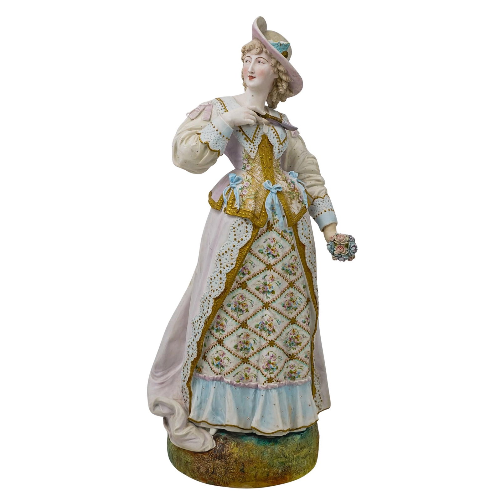 19th Century Signed Porcelain Sculpture: DESCRIPTION: Signed "Mouillard" on base. Features a woman wearing a Edwardian Era dress with a fan and a bouquet of flowers. CIRCA: 19th century ORIGIN: France DIMENSIONS: H: 23" Base diameter: 8" W (