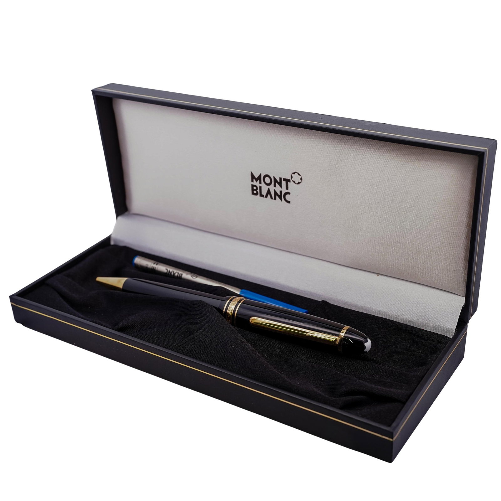 Mont Blanc Black Meisterstuck Ballpoint Pen: DESCRIPTION: Mont Blanc black Meisterstuck ballpoint pen, with original box and two ink refills. CIRCA: 21st Century ORIGIN: France DIMENSIONS: Box H: 1.25" W: 3" L: 7.75" CONDITION: Good condition Un