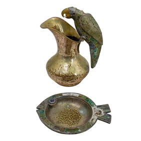 (2 Pc) Mexican Los Castillo Silver Plate Small Fish Dish & Parrot Pitcher (1 of 10)