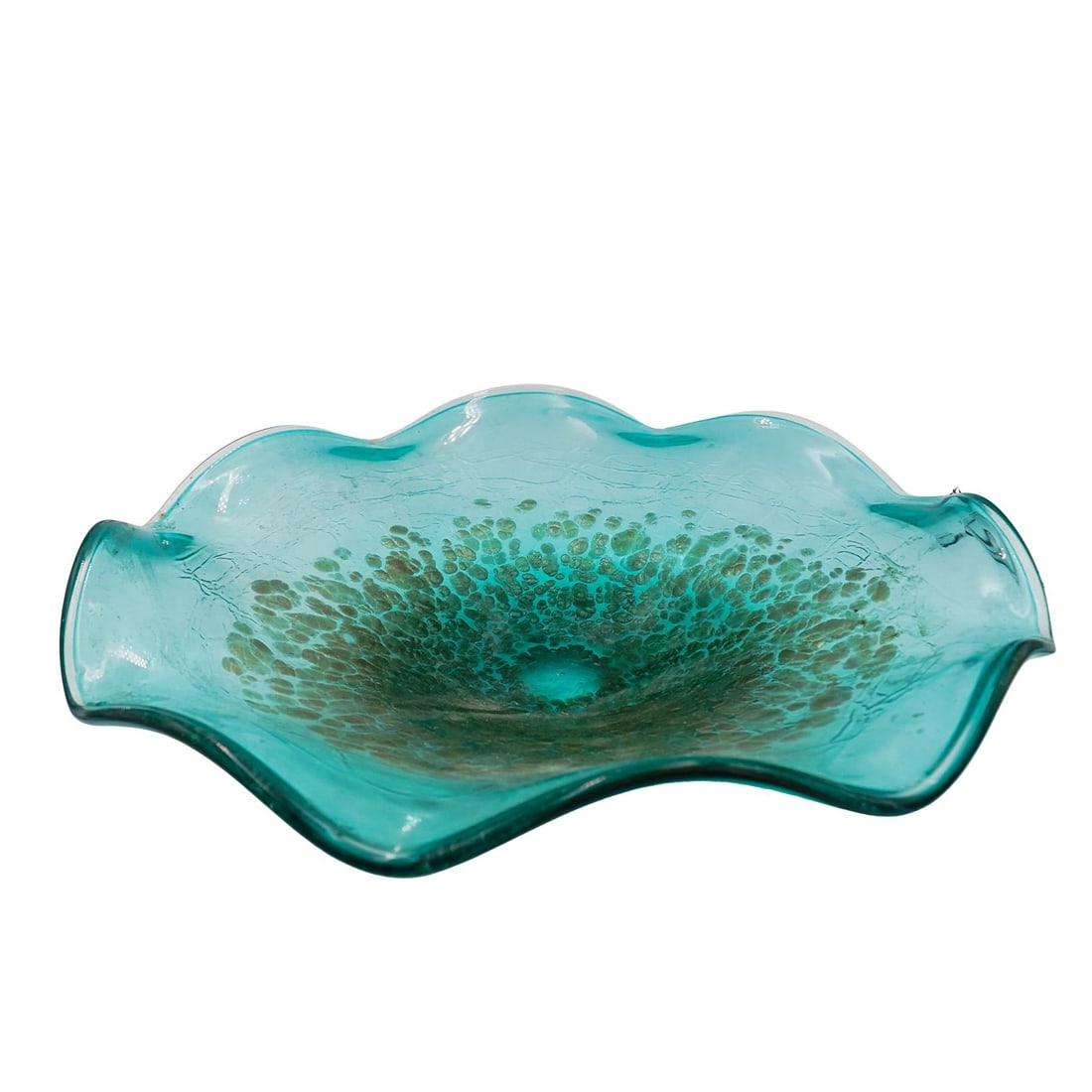 Murano Gold Inclusion Glass Centerpiece Bowl: DESCRIPTION: Murano hand blown glass centerpiece bowl, in a teal color with gold speckled inclusions. CIRCA: 20th Century ORIGIN: Italy DIMENSIONS: H: 4" D: 16" CONDITION: Good condition Unless otherw