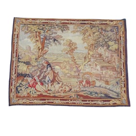 Vintage French "Harvest Scene W/ Water Mill" Woven Tapestry