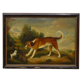19th Cent. Hunting Dog Scene Oil on Canvas Large Painting