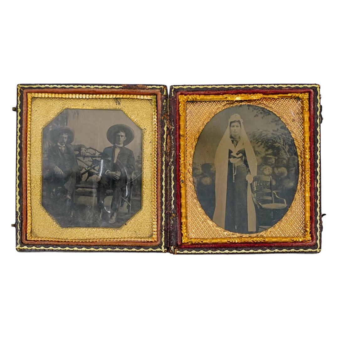 Antique Mexican Wedding Tintype Photographs: DESCRIPTION: Antique tintype photographs, housed in a leather wrapped double union case, which features ornate gold colored mats and red velvet lining. The left portrait depicts the groom and his best