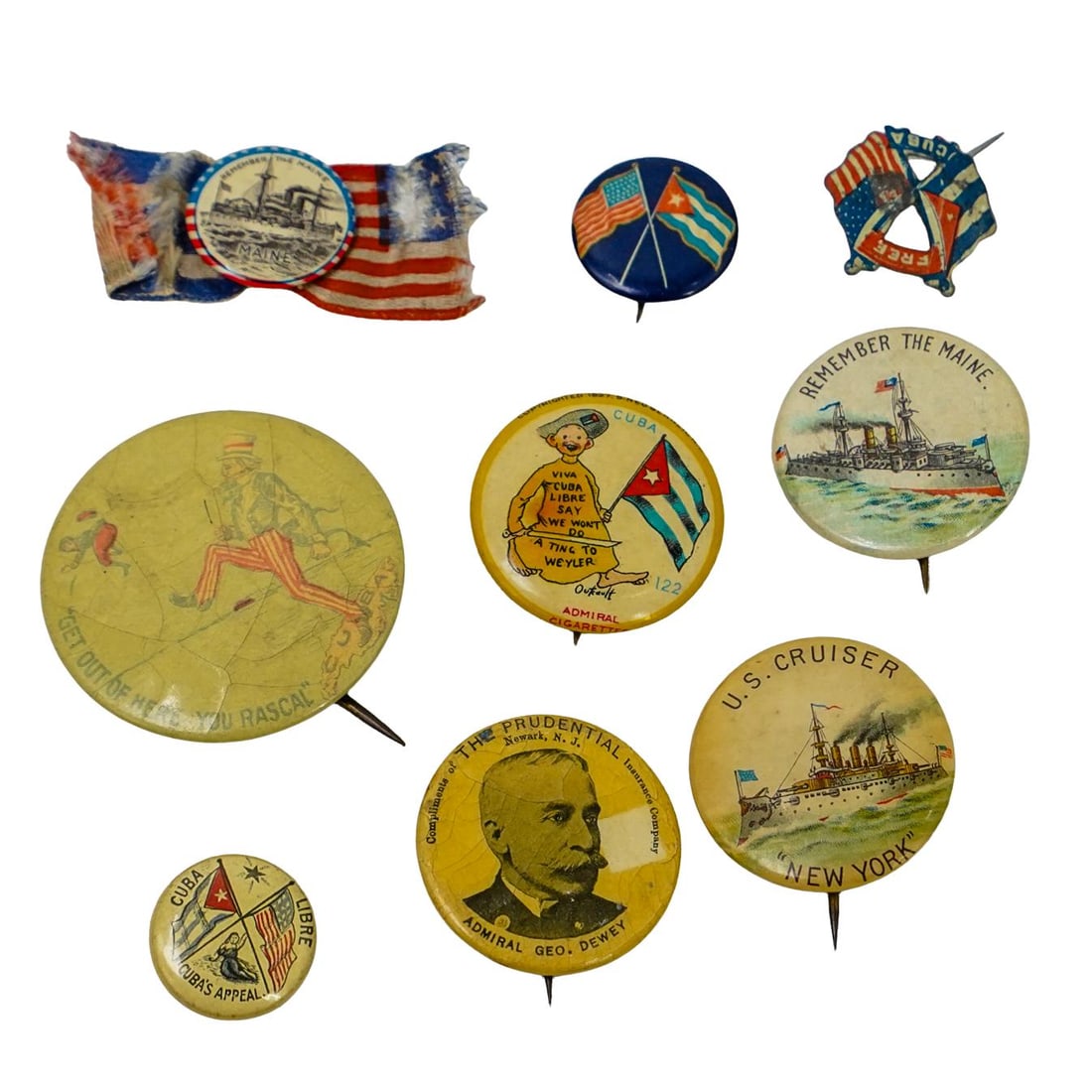 (9 pcs) Spanish-American War Era Pins: DESCRIPTION: x1 Admiral Cigarettes "Yellow Kid" Free Cuba Pinback (1897) -features "yellow kid", a popular cartoon first appearing in "Hogan's Alley" comic strip and then used as promotional materials