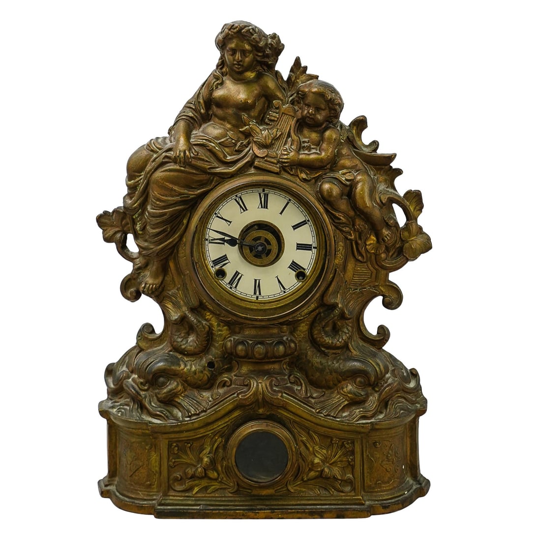 Antique Victorian Gilt Cast Iron Wall Clock W/ "Cherubs & Harps" (1 of 9)