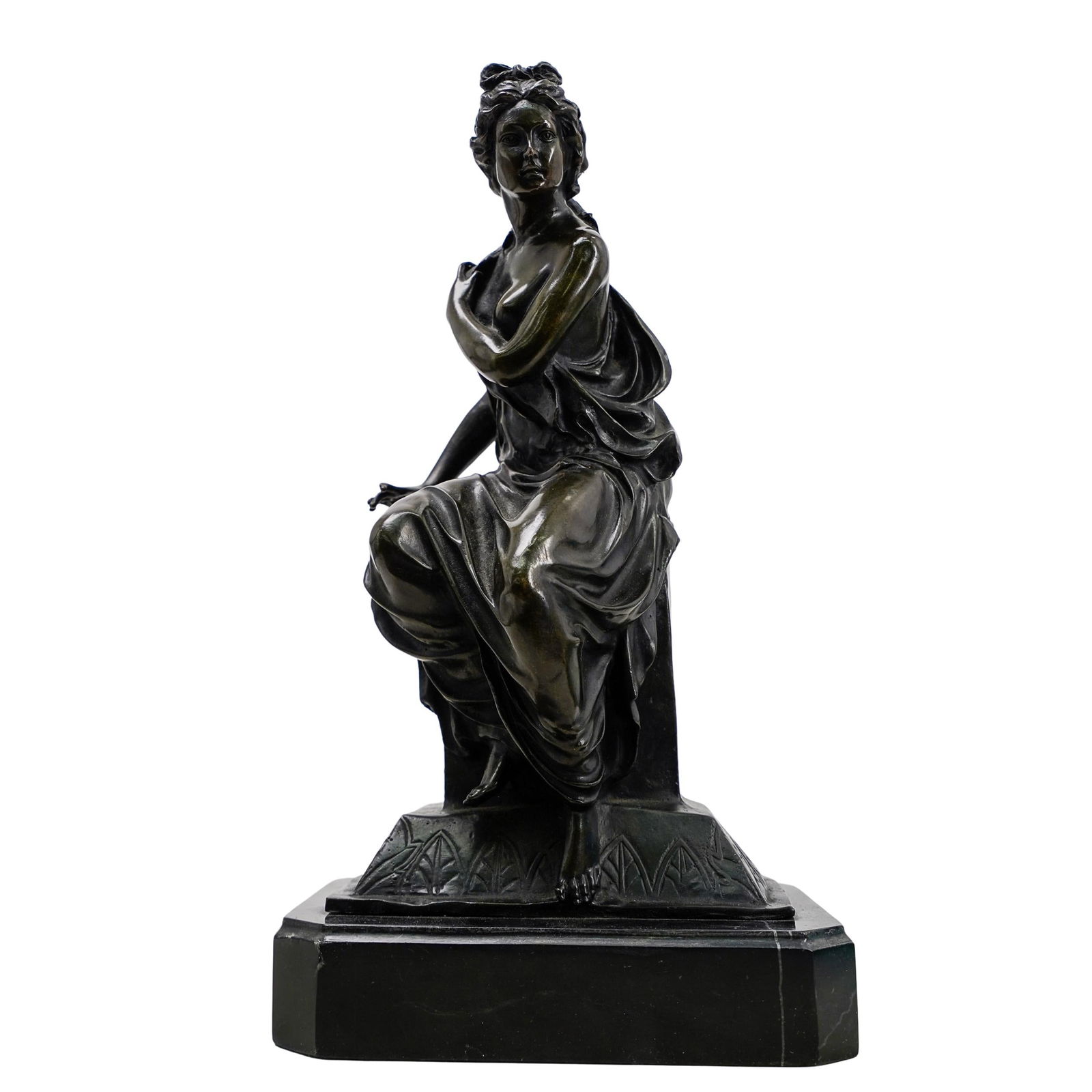Bronze Figure Of A Seated Woman On Marble: DESCRIPTION: Patinated bronze figure of a seated woman, in a long flowing gown. Sitting atop a rectangular black marble base. Incised mark on reverse "E" CIRCA: Early 20th Century ORIGIN: Continental