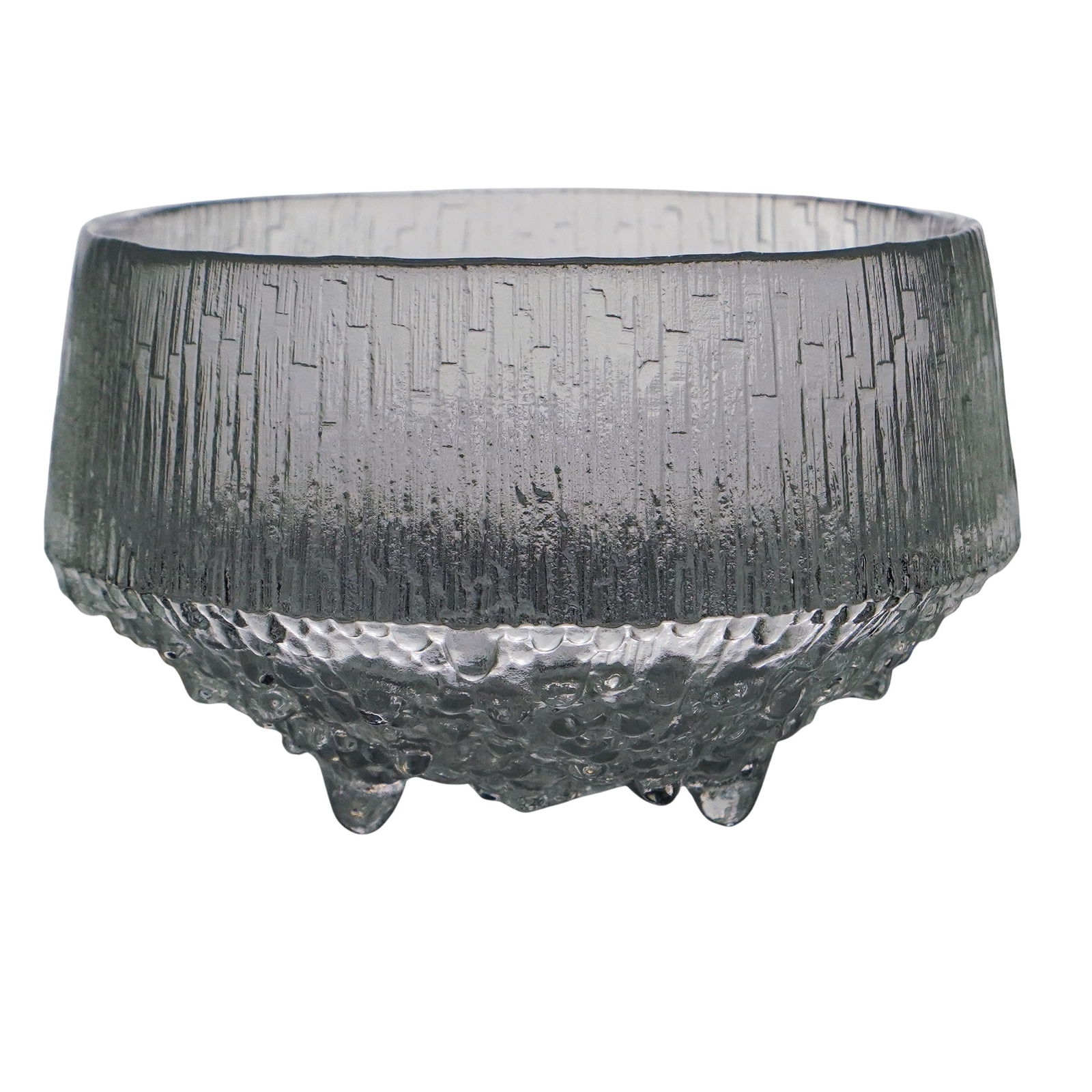 Iittala Finland "Ultima Thule" Glass Serving Bowl: DESCRIPTION: Iittala Finland "Ultima Thule" Glass Serving Bowl with textured lines and dropping beaded glass design. CIRCA: 20th century ORIGIN: Finland DIMENSIONS: H: 4" W: 6" CONDITION: Good Conditi