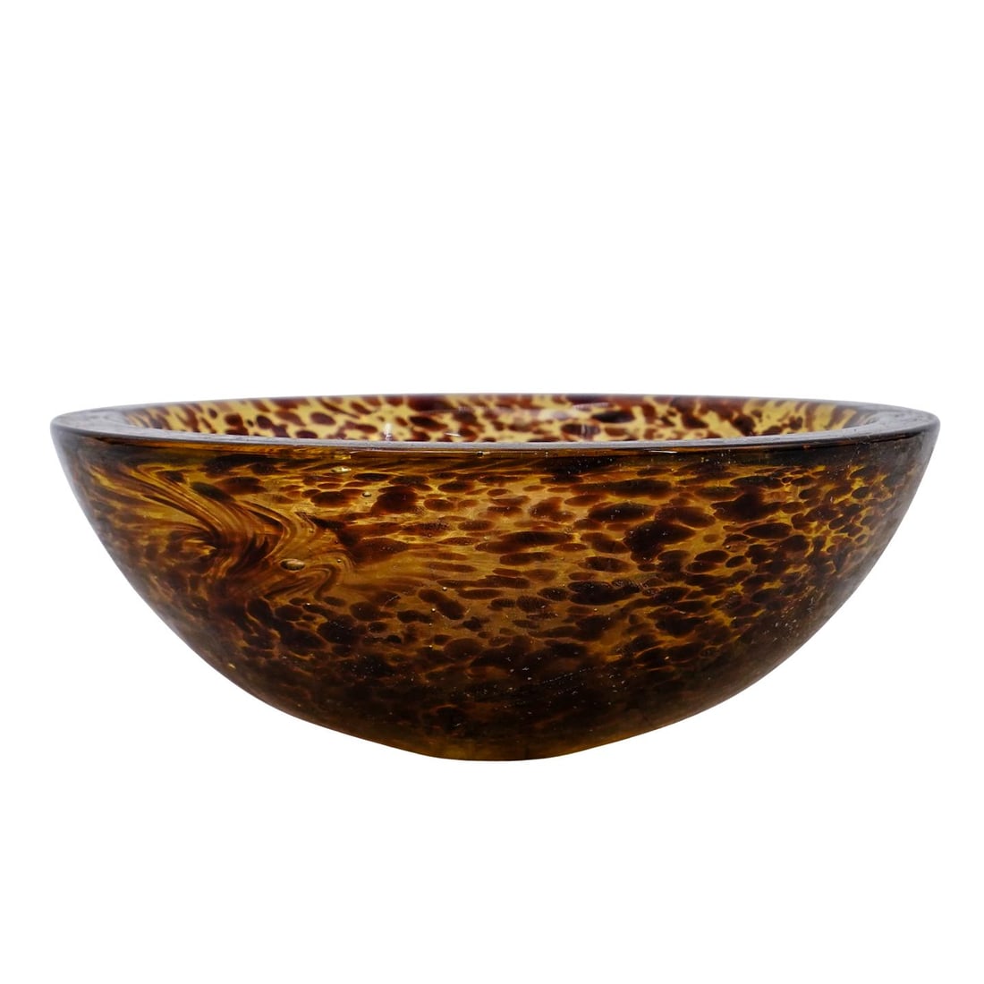 Murano Glass Bowl: DESCRIPTION: Murano glass bowl in a tortoise-hued pattern in dark amber tones. Marked on bottom with Murano label reading "hand made genuine... made in Murano Italy". CIRCA: 20th century ORIGIN: Italy