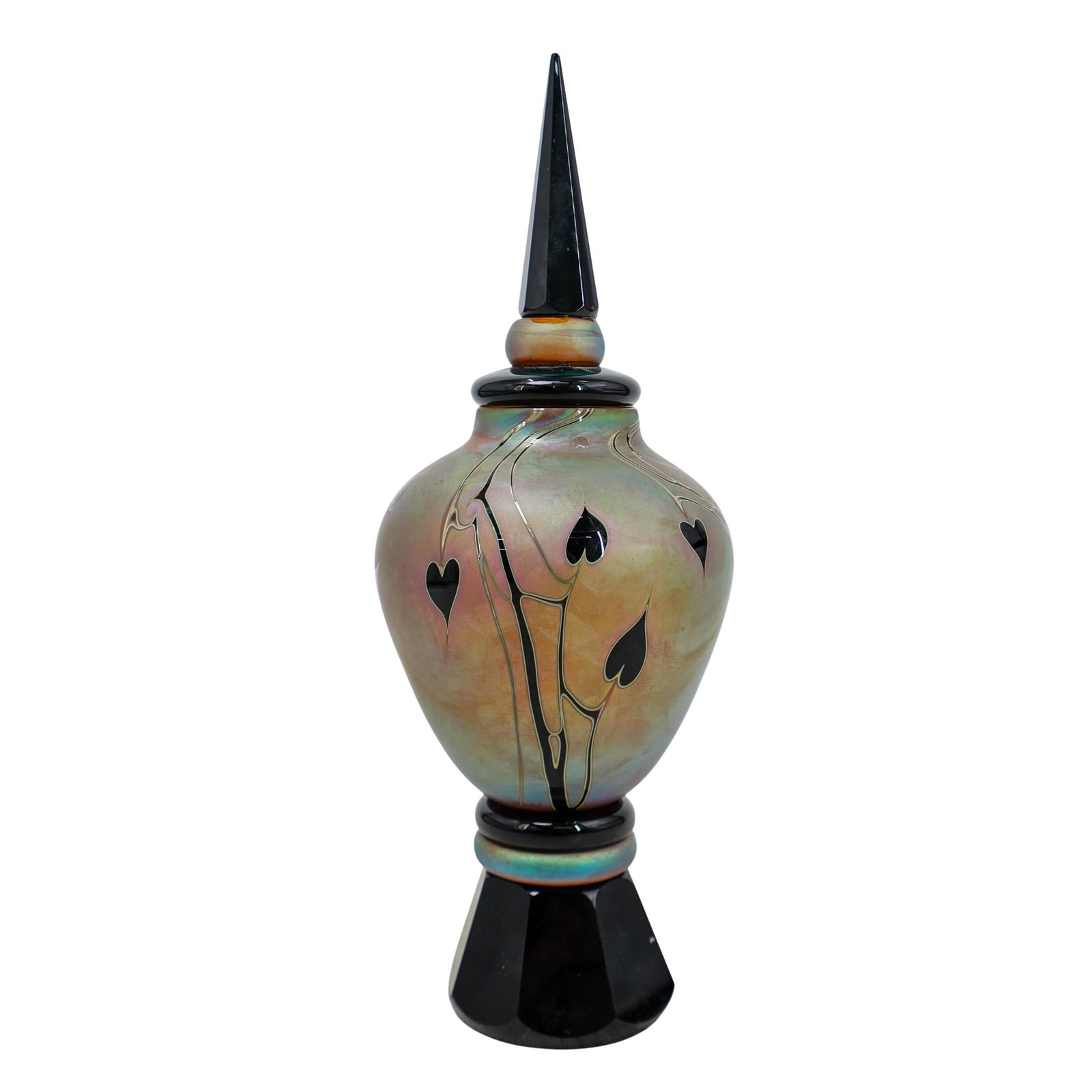 Craig Zweifel (1944-2020, American) Art Glass Perfume Bottle: DESCRIPTION: Craig Zweifel (1944-2020) is regarded as one of America's best glass artists. Perfume bottle is marked "2001" with artists signature. Smoky iridescent amber glass and opaque black glass b
