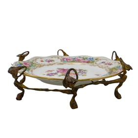 Antique Dresden Carl Thieme Porcelain Plate On Footed Ormolu Base