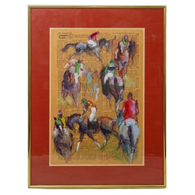 Miami Jockey Club Hialeah Park Florida "Horse Racing" Gouache Painting