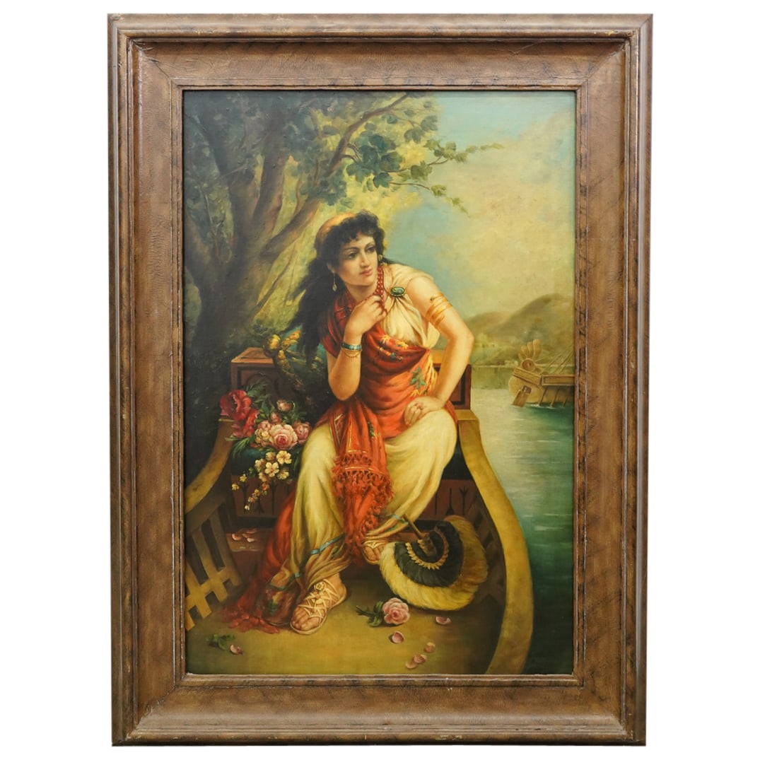 After Diana Coomans (Belgian, 1861-1952) 'Egyptian Princess' Oil On Canvas: DESCRIPTION: After Diana Coomans (Belgian, 1861-1952) Oil on canvas, originally titled "Egyptian Princess", depicting a seated female figure resting in a boat next to a bouquet of flowers. She is ador