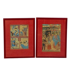 (2 Pc) Antique Japanese Framed Woodblock Prints