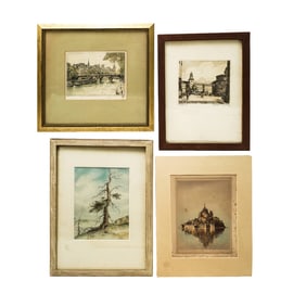 (4 Pc) Signed Colored Engravings Assorted Collection