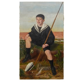 Antique Oil On Canvas Realistic Portrait Of A Sailor Boy