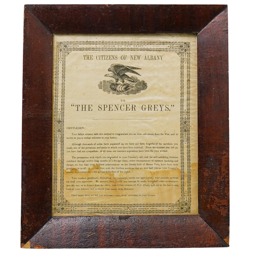 Framed 'The Spencer Greys' After War Welcome Letter Manifesto: DESCRIPTION: Framed 'The Spencer Greys' After War Welcome Letter Manifesto by The citizens of Albany. The Spencer Greys was an independent volunteer company of Infantry formed in 1844. The company was
